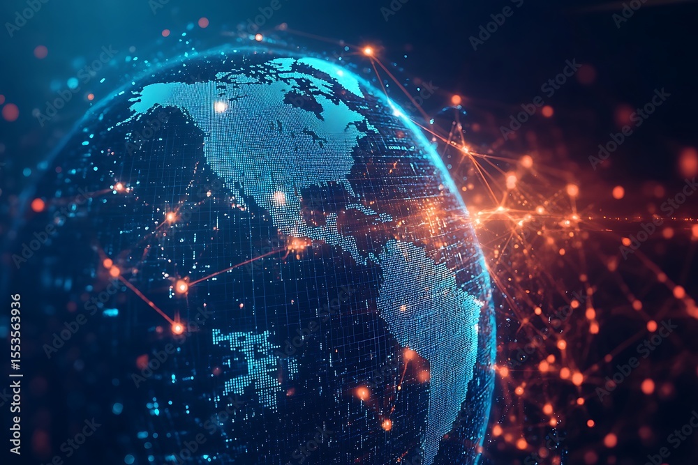 Poster digital world connectivity global network of data transmission, nodes & connections