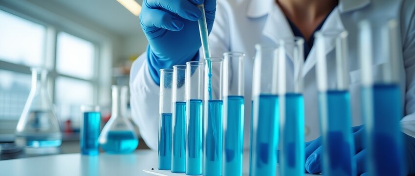 scientist in laboratory with test tubes, scientist examining blue liquid in beaker, chemical experiment in modern laboratory