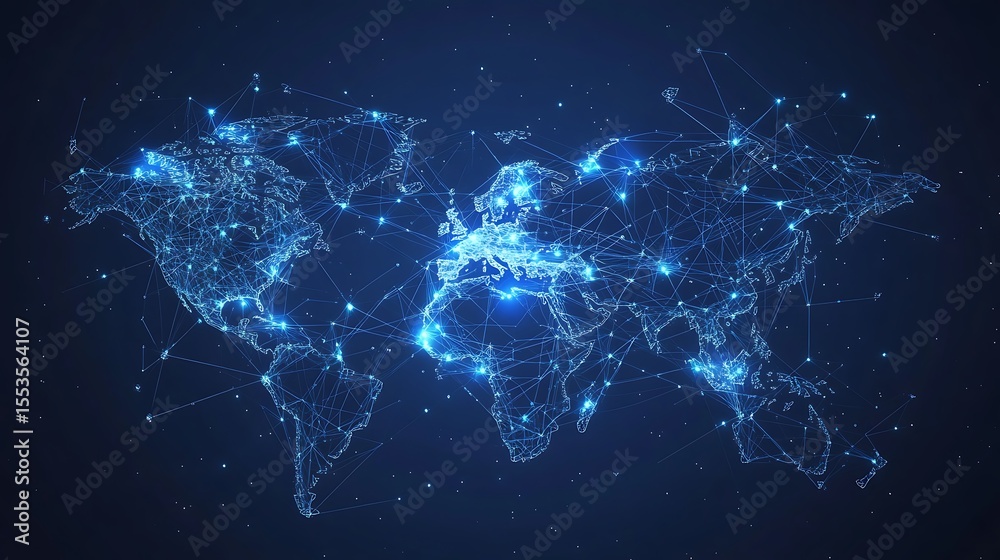 Poster Digital World Map Network Connected Continents, Glowing Nodes, Global Data System