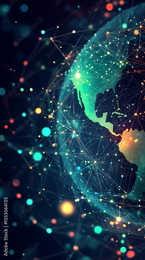 Poster Digital World Map Globe with Connected Dots and Lines in Teal and Orange Tones