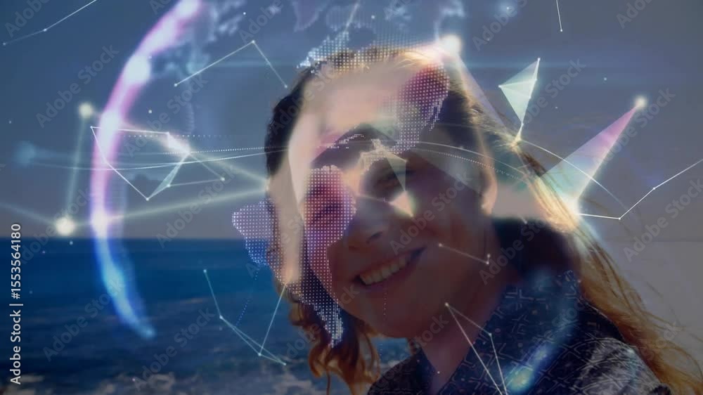 Poster woman facing camera starting network lines drifting into rotating globe visualizing tech data flow