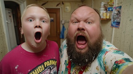 Father and son baking a cake together in a kitchen fun moment hyperrealistic style joyful atmosphere
