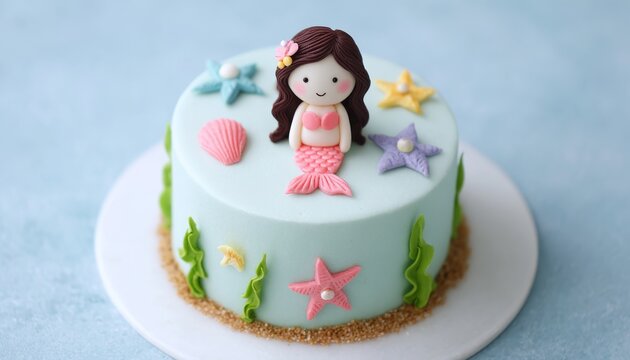 A simple mermaid-themed birthday cake with pastel frosting seashell decorations and subtle ocean-inspired colors charming and minimal.
