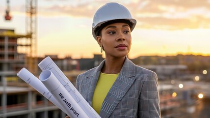 Female architect holding blueprints wearing safety helmet at construction site during sunset