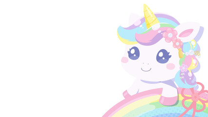 和風の髪飾りをつけたかわいいユニコーンのイラスト_16:9