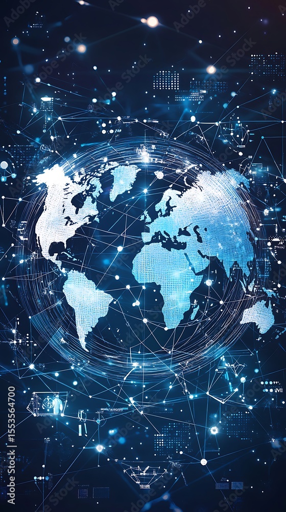 Aufkleber Global Digital Network, Holographic World Map with Connected Lines and Glowing Nodes