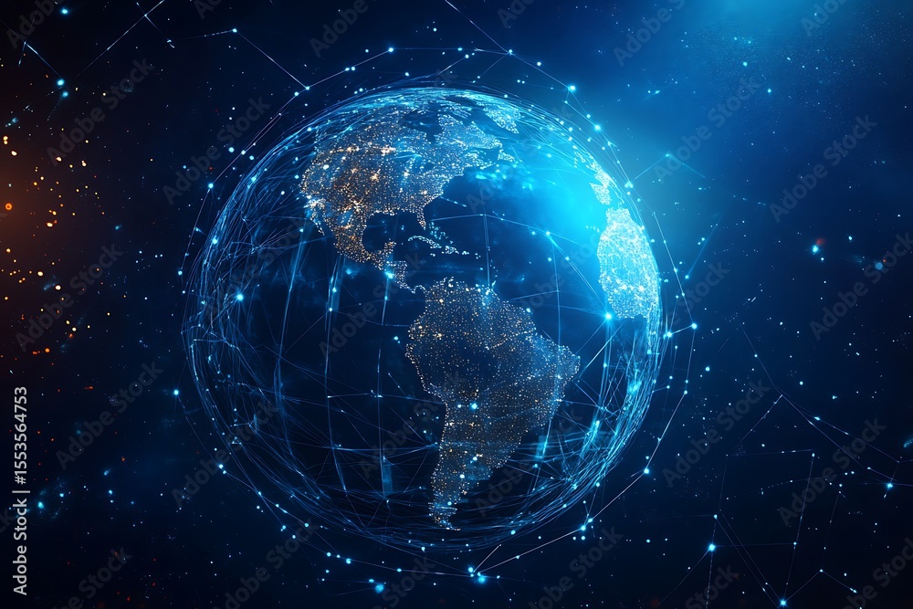 Poster Global Network Connectivity World Map Surrounded by Interconnected Lines