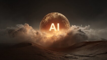 Large moon, AI text, desert clouds