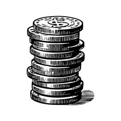 Coin stack sketch engraving black and white outline. Scratch board imitation.  illustrated in vintage line art style on a white background.