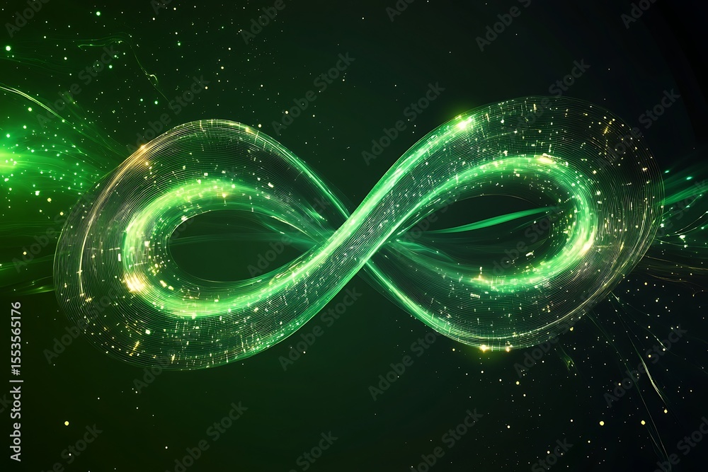 Poster glowing green infinity symbol with particle streaks on dark background