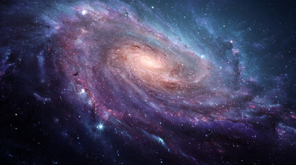 Obraz premium A swirling galaxy with purple and blue hues and a bright center in a dark and starry space view
