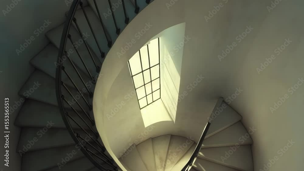 Poster elegant spiral staircase with wrought iron railings and a window filled with sunlight. classic archi