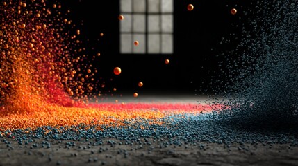Abstract colored dust particles in motion with glowing sparks on dark background for dramatic light texture photography concept