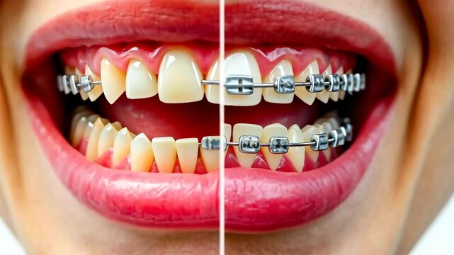 Braces dental, Orthodontic alignment, Teeth straightening. Oral health. Gums protect against plaque buildup. Brackets improve chewing function. Straight teeth promote smile confidence.