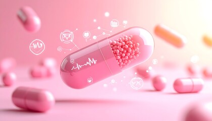 A soft pink smart capsule with mood-sensing technology, surrounded by floating hormone icons and heart-rate symbols, in a bright dreamy setting.