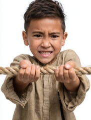 Young Boy Struggling with Rope in Vintage Clothing, Emotional Expression