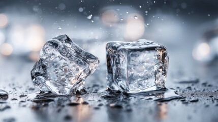 A shot of a clear ice cube melting, showing intricate crystal patterns inside the ice. Tiny water droplets glisten, The ice texture and water droplets