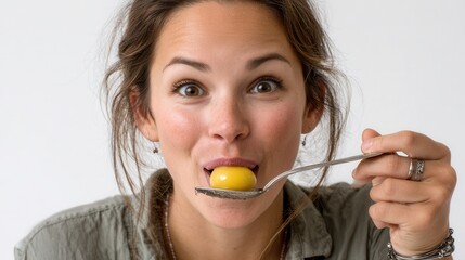 Happy woman holding spoon with egg yolk in kitchen setting