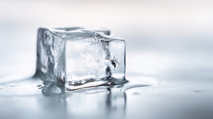 A shot of a clear ice cube melting, showing intricate crystal patterns inside the ice. Tiny water droplets glisten, The ice texture and water droplets