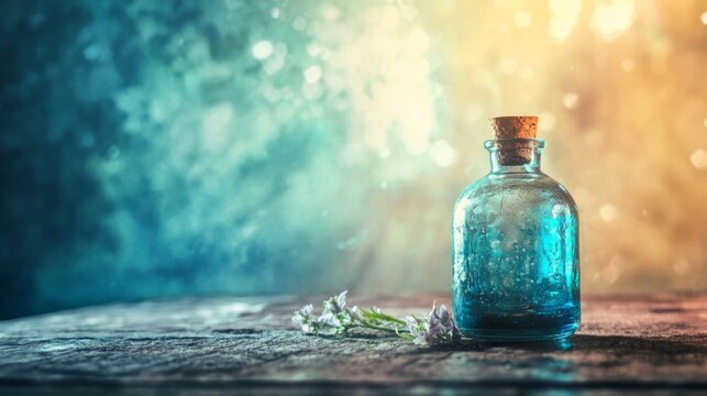 Old blue vintage glass bottle on wet wooden surface for nostalgic antique apothecary elixir concept moody photography