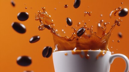 Coffee splash with beans flying midair on orange background for energy caffeine beverage commercial photography scene