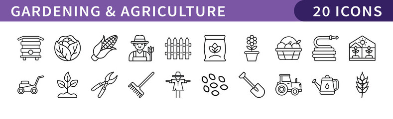 Gardening and Agriculture Icons for Farming and Horticulture, A collection of 20 icons representing gardening, farming, and agriculture, perfect for plant care, gardening, and agricultural projects.
