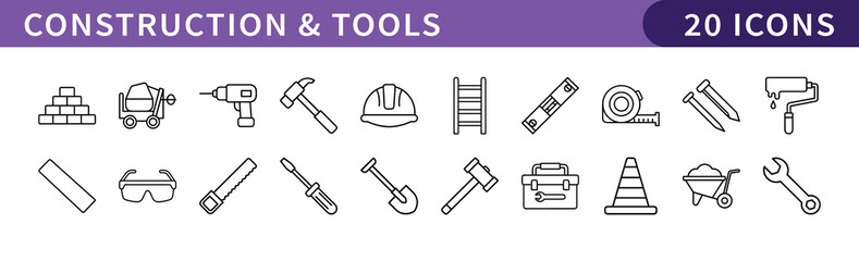 Construction and Tools Icons for Building Projects, A collection of 20 icons representing construction, tools, and building equipment, perfect for design or construction-related projects.
