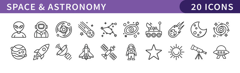 Space and Astronomy Icons Set for Exploration, A collection of 20 icons depicting space, astronomy, and extraterrestrial exploration, ideal for educational or space-themed projects.

