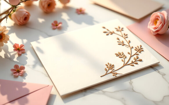 Elegant Blank Card with Golden Floral Design and Pink Flowers
