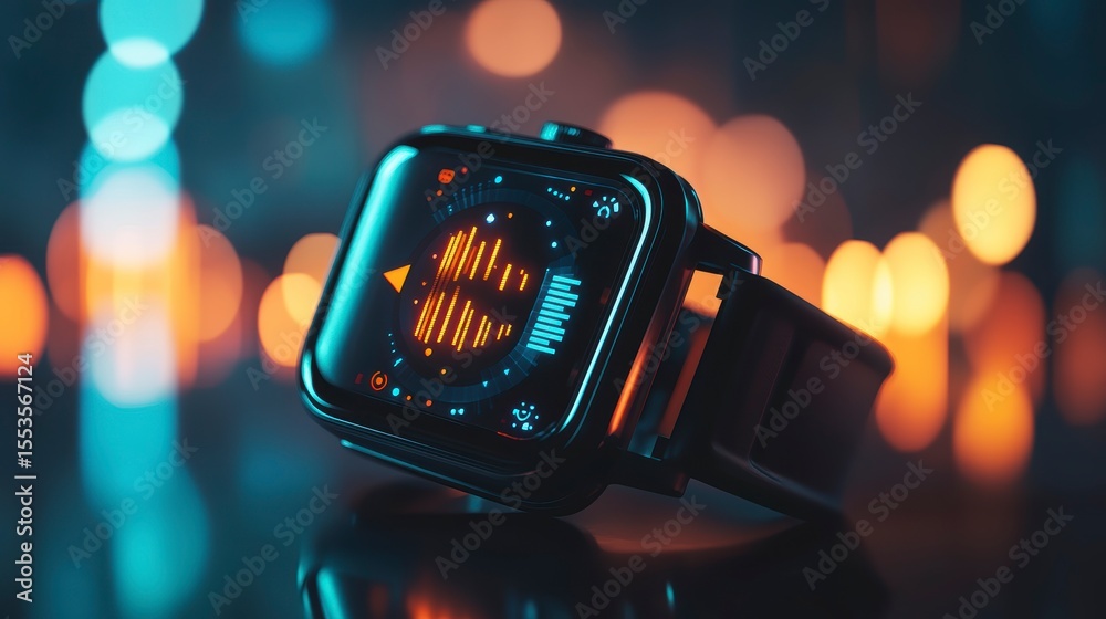 Canvas Prints smartwatch with vibrant display reflecting in dark background.