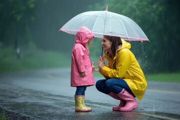 A mother and daughter share a sweet moment under an umbrella in the rain