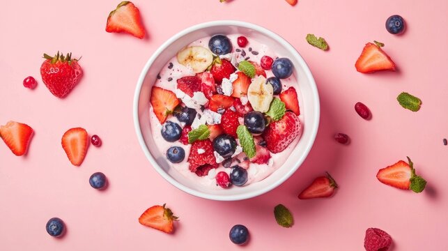 Colorful fruit cereal bowl with milk on pink background for sweet breakfast food photography playful design concept