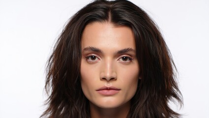 Naklejka premium Foto frontal de una modelo joven con pelo castaño desordenado y una expresión auténtica. Retrato de belleza con maquillaje natural y mirada intensa para editorial de moda o publicidad.