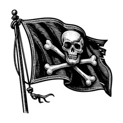 Pirate flag waving sketch engraving black and white outline. Scratch board imitation.  illustrated in vintage line art style on a white background.

