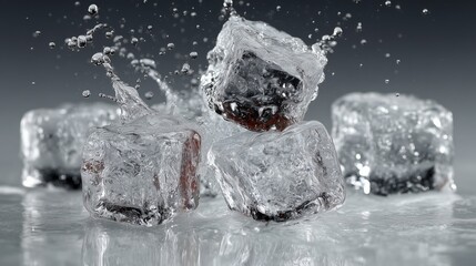 A shot of a clear ice cube melting, showing intricate crystal patterns inside the ice. Tiny water droplets glisten, The ice texture and water droplets