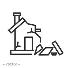 destroyed house icon, destruction of property, rubble from the building, thin line symbol on white background - editable stroke vector illustration eps 10