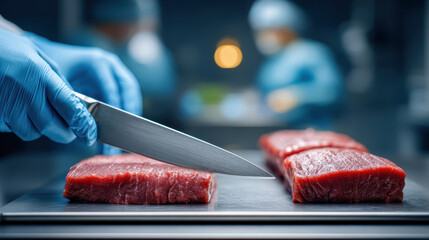 Precision cutting of meat in food safety laboratory sterilization process professional environment close-up view