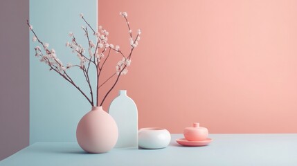 Pink and white pastel vases with delicate flowers for spring home decor still life photography concept image