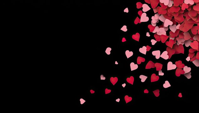 A graphic design of scattered paper hearts against a black background