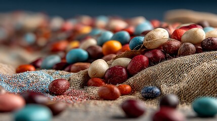Colorful decorative beads on textile surface with ethnic patterns for boho accessory design photography background scene
