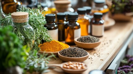 Aromatherapy herbal oils and dried spices on wooden table for natural wellness photography holistic product scene
