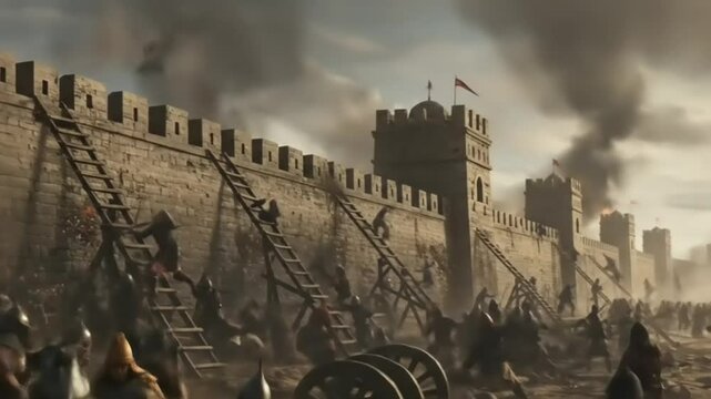 Intense medieval battle scene with soldiers storming a fortified castle under siege, smoke rising