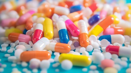 Colorful assortment of pharmaceutical pills capsules scattered for medical treatment healthcare drug concept macro composition