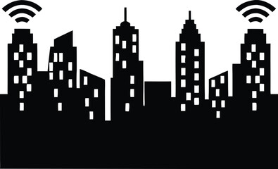 Cityscape silhouette with glowing elements depicting urban nighttime scenery for designs