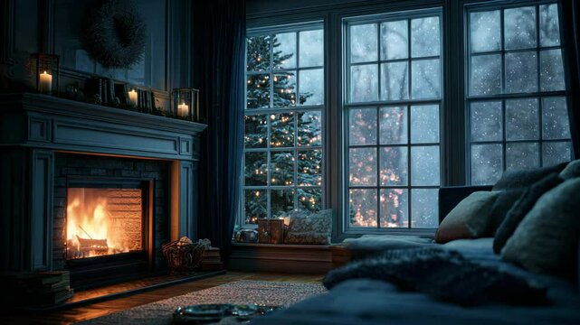 A cozy and peaceful living room on a snowy Christmas night, with a warm fire in the fireplace and a lit tree seen through the window.

