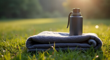 Water bottle on towel on grass