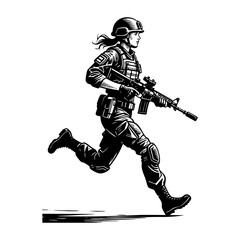 Fototapeta premium Soldier running with rifle and full gear engraving black and white outline. Scratch board imitation.