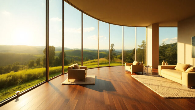 A spacious room with curved floor to ceiling windows, offering a panoramic view of a lush green landscape. Wooden floors, minimalist decor, and natural light create a serene, airy atmosphere.