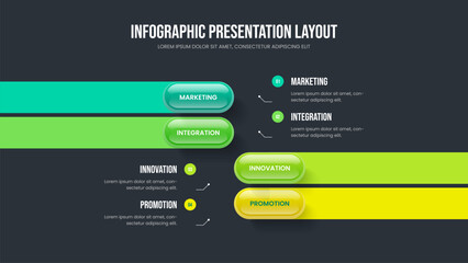 Business Strategy Four Step Diagram Slideshow Template. Consulting Profile 4 Option Infographic Presentation Layout. Advertising Showcase Slide Design Vector Illustration.