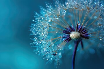 Close-up of a dandelion seed head with water droplets